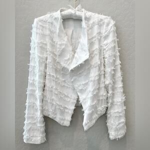 WILLOW & CLAY | White Fringe Textured Open Front Jacket Boho Chic Statement | XS